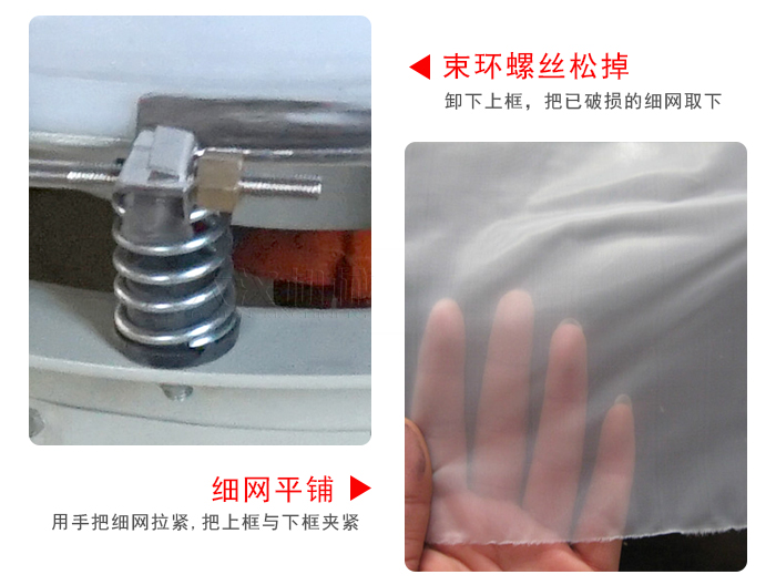 換網步驟：先松開束環，把新的細網平鋪在網架上繃緊